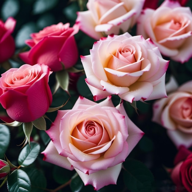 Rosas rosas y rojas flores de pintura al óleo hermosas flores delicadas de color femenino de primavera o verano