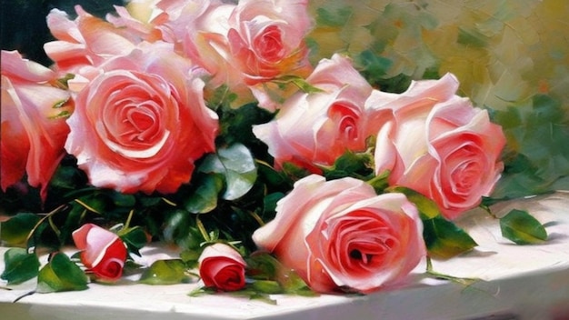 Rosas rosas y rojas flores de pintura al óleo hermosas flores delicadas de color femenino de primavera o verano