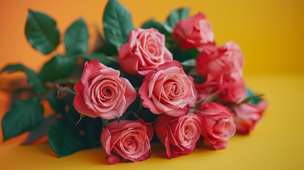 Foto rosas rosas sobre un fondo amarillo