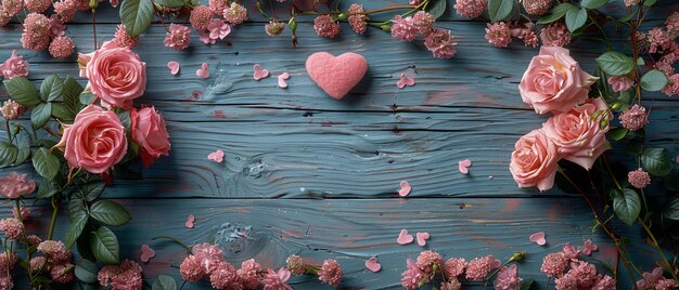 Rosas de San Valentín con hortensias y dos corazones contra tablas de madera en mal estado