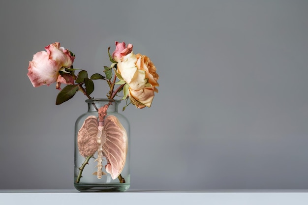 Foto rosas secas en un jarrón de vidrio con pulmones humanos sin vida concepto de prevención de enfermedades pulmonares