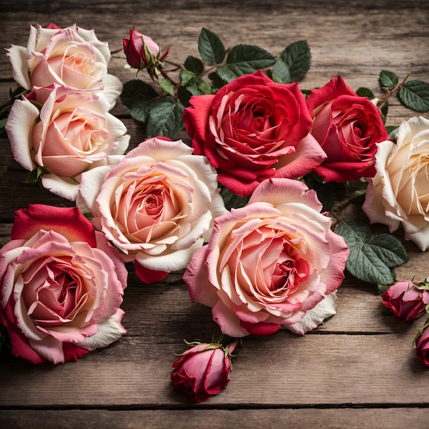 Rosas sobre fondo de madera rojo blanco rosa