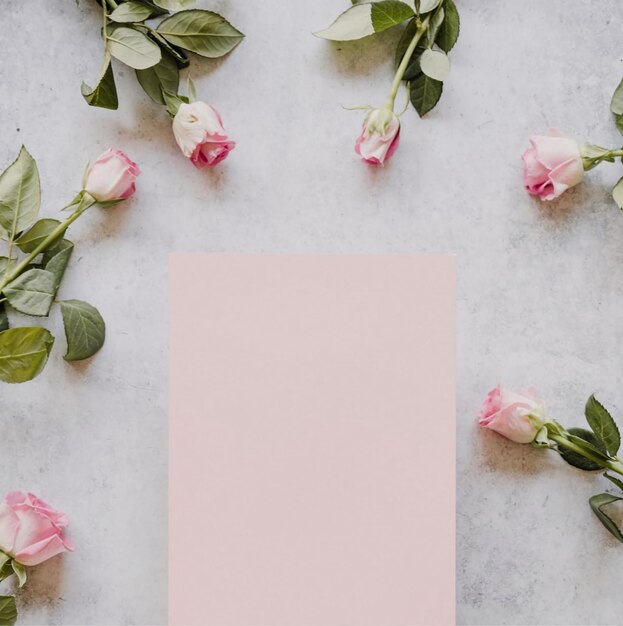 rosas y tarjeta en blanco rosa rosa y papel rosa rosa y carta en blanco