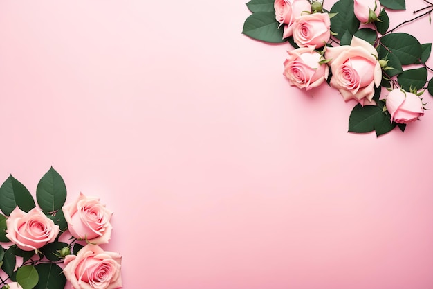 Rosas en una tarjeta de felicitación de fondo panorámico rosado IA generativa