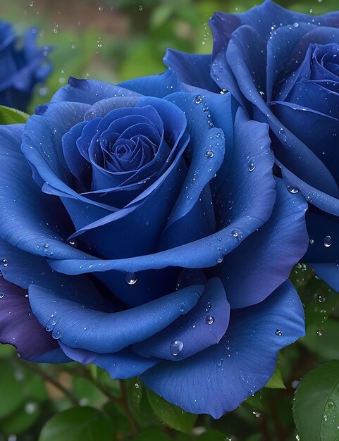 Rosas teñidas de azul con muchas gotas de rocío en la mañana generadas por IA