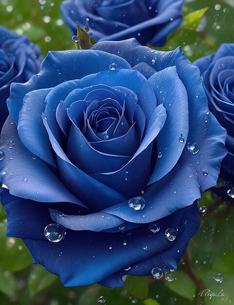 Foto rosas tingidas de azul com muitas gotas de orvalho pela manhã geradas por ia