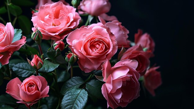 Rosas en tonos rosados sobre un fondo negro