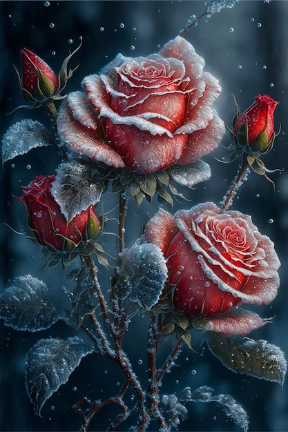 Rosas vermelhas cobertas com geada e neve Fundo do dia dos namorados Criado com tecnologia Generative AI