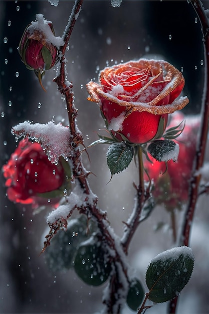 Rosas vermelhas cobertas com geada e neve Fundo do dia dos namorados Criado com tecnologia Generative AI