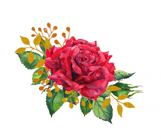 Rosas vermelhas com folhas douradas. Flor de pintura em aquarela