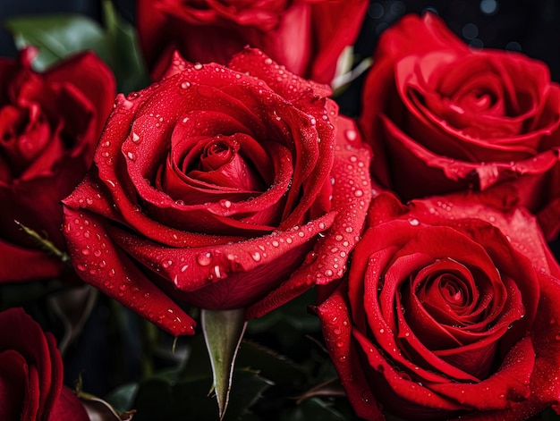Rosas vermelhas com gotas de água nas pétalas