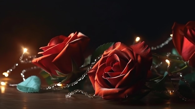 Rosas vermelhas com guirlanda em backgroundgenerative ai preto