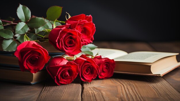 Rosas vermelhas e livros numa mesa de madeira Dia de São Jorge