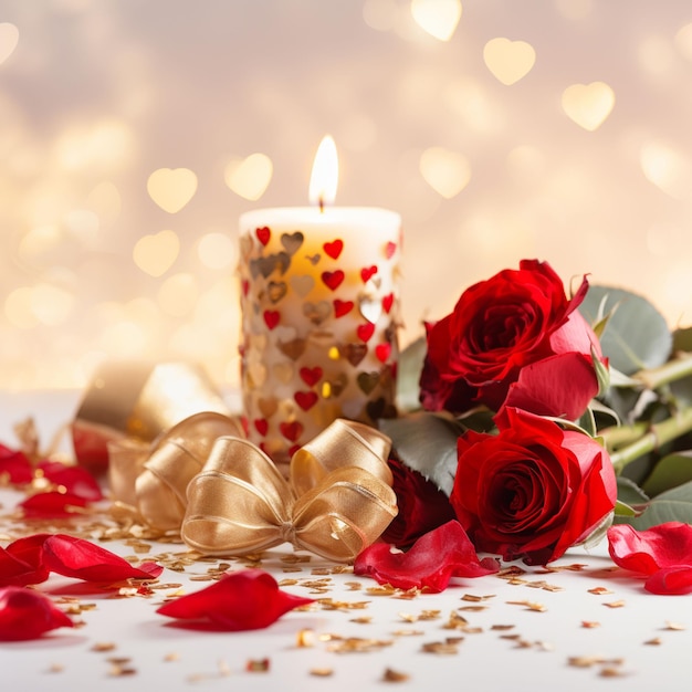 Rosas vermelhas e luz de vela em fundo desfocado confete dourado e letras com símbolos de coração em fundo branco