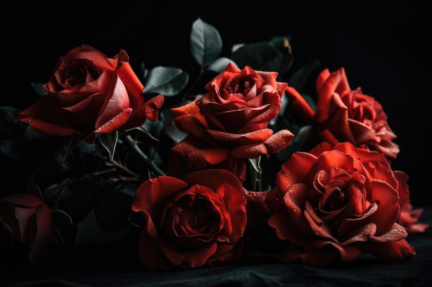 Rosas vermelhas em fundo preto criadas com generative ai