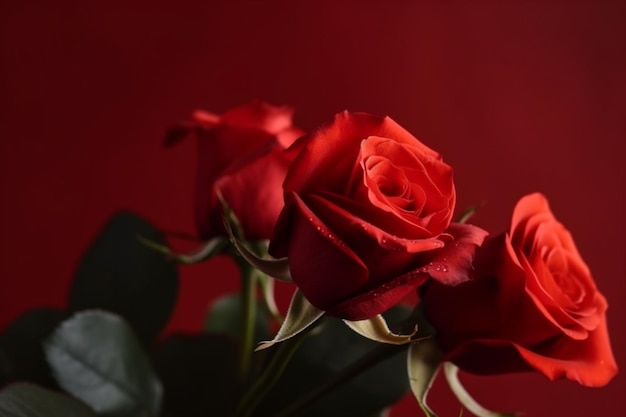 Rosas vermelhas em um vaso em um fundo vermelho