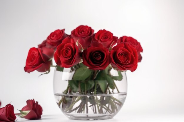 Rosas vermelhas em vaso de vidro em fundo branco criado com generative ai
