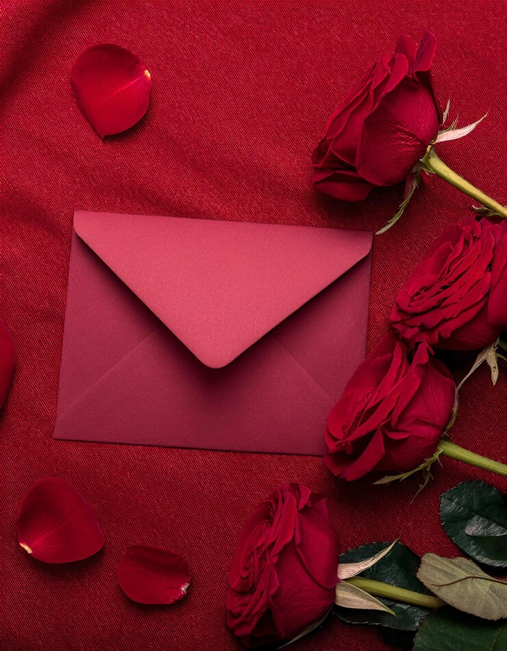 Foto rosas vermelhas frescas acompanhadas de envelopes vermelhos e um luxuoso fundo de pano vermelho