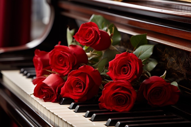 Rosas vermelhas nas teclas de um piano de cauda ou piano