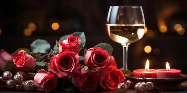 Rosas vermelhas românticas e fundo de vinho cativante para o dia dos namorados