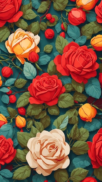 Rosas vermelhas selvagens de verão sem costura e padrões de frutas e folhas