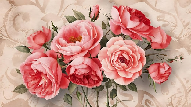 Rosas vintage en un fondo texturizado en estilo acuarela arte dibujo foto papel tapiz para el interior