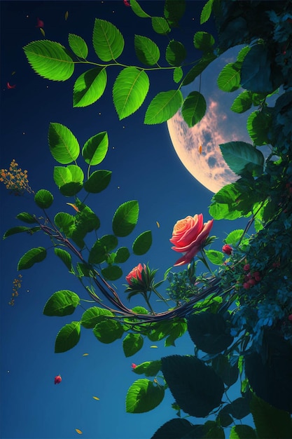 Rose an einer Rebe mit einem Vollmond im Hintergrund, generative KI