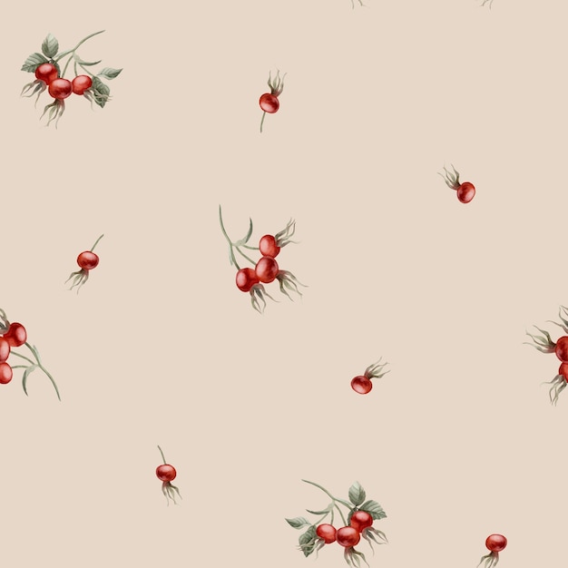 Rose hip bayas rojas acuarela patrón floral minimalista sin costuras en fondo beige