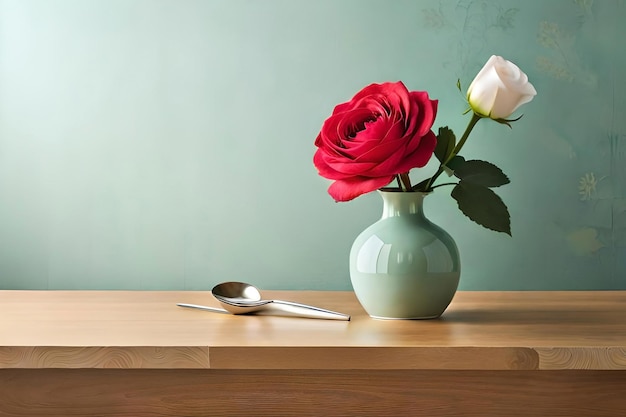 Rose Hybrid Tee-Arrangement in einer Vase auf einem hellgrünen Hintergrund