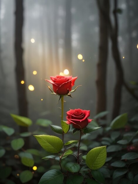 Foto rose in einem phantastischen waldhintergrund