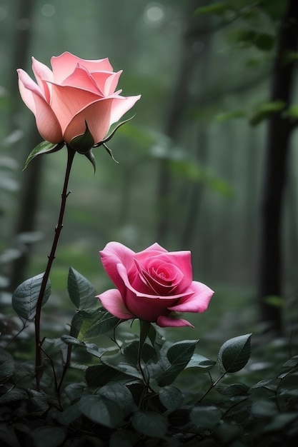 Rose in einem phantastischen Waldhintergrund