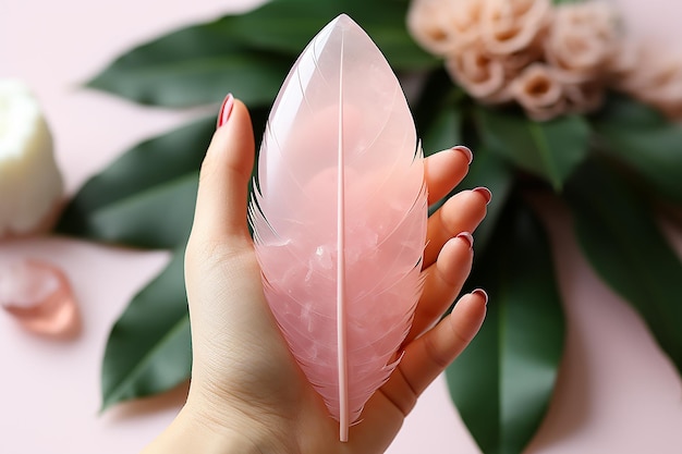 Rose Quartz Gua Sha Werkzeug auf weißer Feder