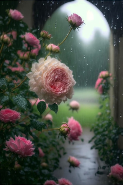 Roseira com flores cor de rosa na chuva generativa ai