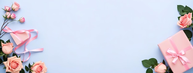 Foto rosen auf blauem panoramahintergrund ein geschenk mit schleife ein einkaufswagen grußkarte generative ki