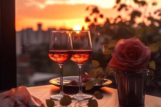 Rosen auf dem Tisch für das Valentinstagessen der Liebhaber mit Weingläsern
