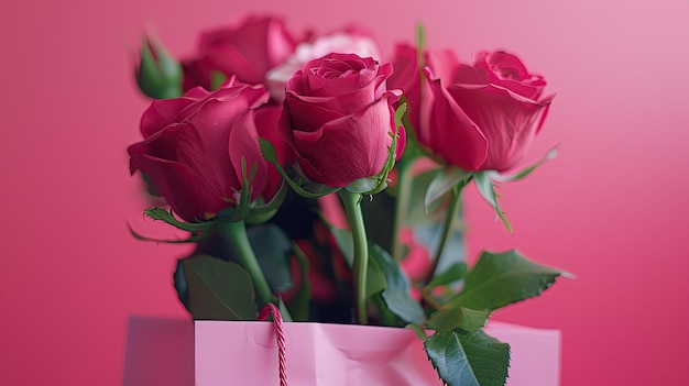 Foto rosen auf einem rosa hintergrund in einem paket blumenlieferung werbespot mit platz für text