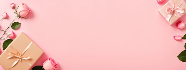 Rosen auf einem rosa Panoramahintergrund ein Geschenk mit einer Schleife Grußkarte Generative AI