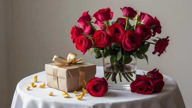 Rosen in einer Vase mit Geschenkkiste auf dem Tisch