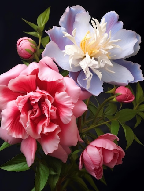 Rosen, Pfingstrosen und Lilien in einem schönen Blumenbundel