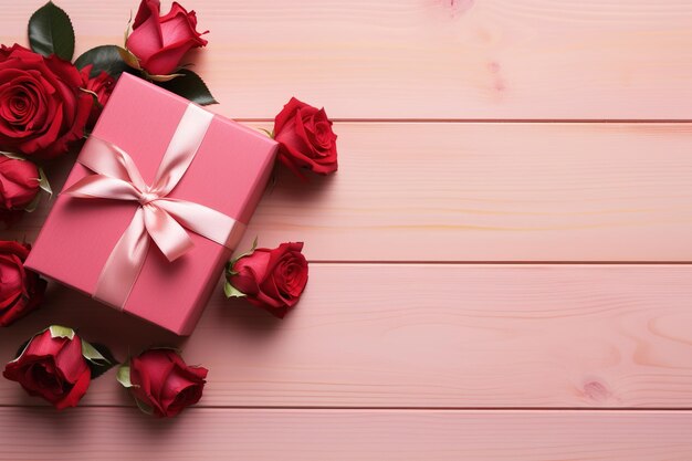 Rosen und Geschenkkiste auf rosa hölzern Hintergrund Top View Valentinstag Blumenvorlage mit Kopierraum