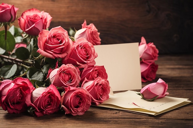 Rosenblüten mit einer leeren Notiz für Kopierraum auf einem Holztisch. Konzept zum Muttertag