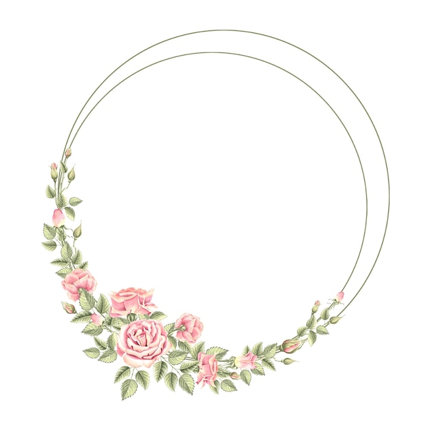 Rosenblumen mit grünen Blättern Frühlingskränze rundes Rahmen handgezeichnetes Aquarell