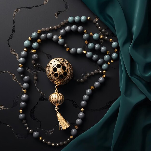 Rosenkranz mit Perlen und goldenem Anhänger auf dunklem Stoff Ramadan als Zeit des Fastens und des Gebets für Muslime