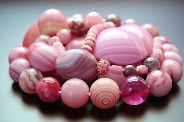 Rosenquarz- und Achat-Steinperlen für Perlenarbeiten Nahaufnahme von rosa Edelsteinperlen, perfekt für Hobby