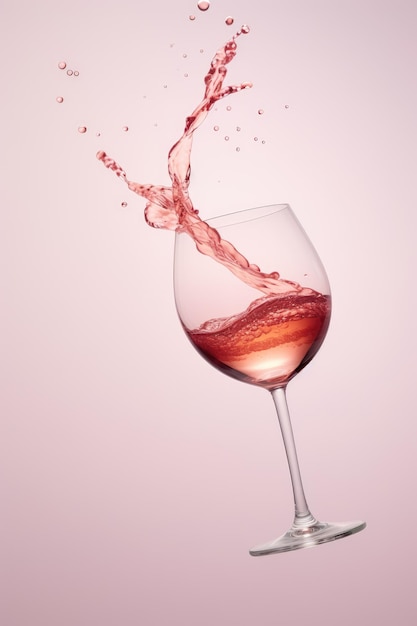 Roséwein in einem Glas mit Spritzer auf rosa Pastellhintergrund. Levitation von Lebensmitteln