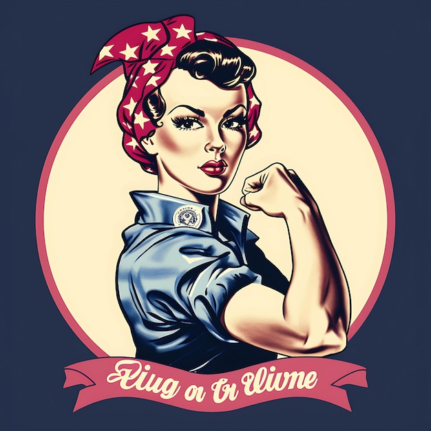 Rosie the Riveter Patriotische Farben Starke Schriftart Rot Weiß Blau 2D-Etikett Vintage Design Verpackungstem