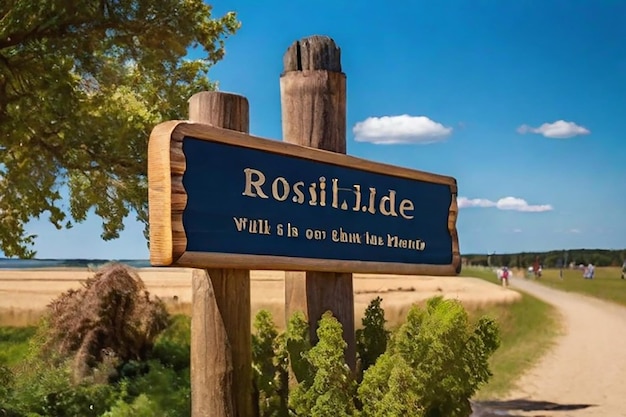 Roskilde-Holzschild an einem schönen Tag