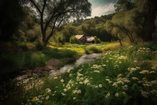 Rosmarinbusch in Blüte neben Bach und malerischer Scheune generativ IA