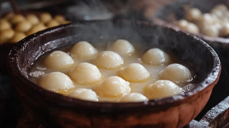 Rosogolla in süßem Sirup in einer Lehmschüssel in einem bengalischen Süßwarenladen