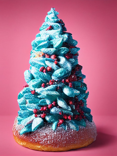 Una rosquilla de azúcar azucarada y un árbol de navidad